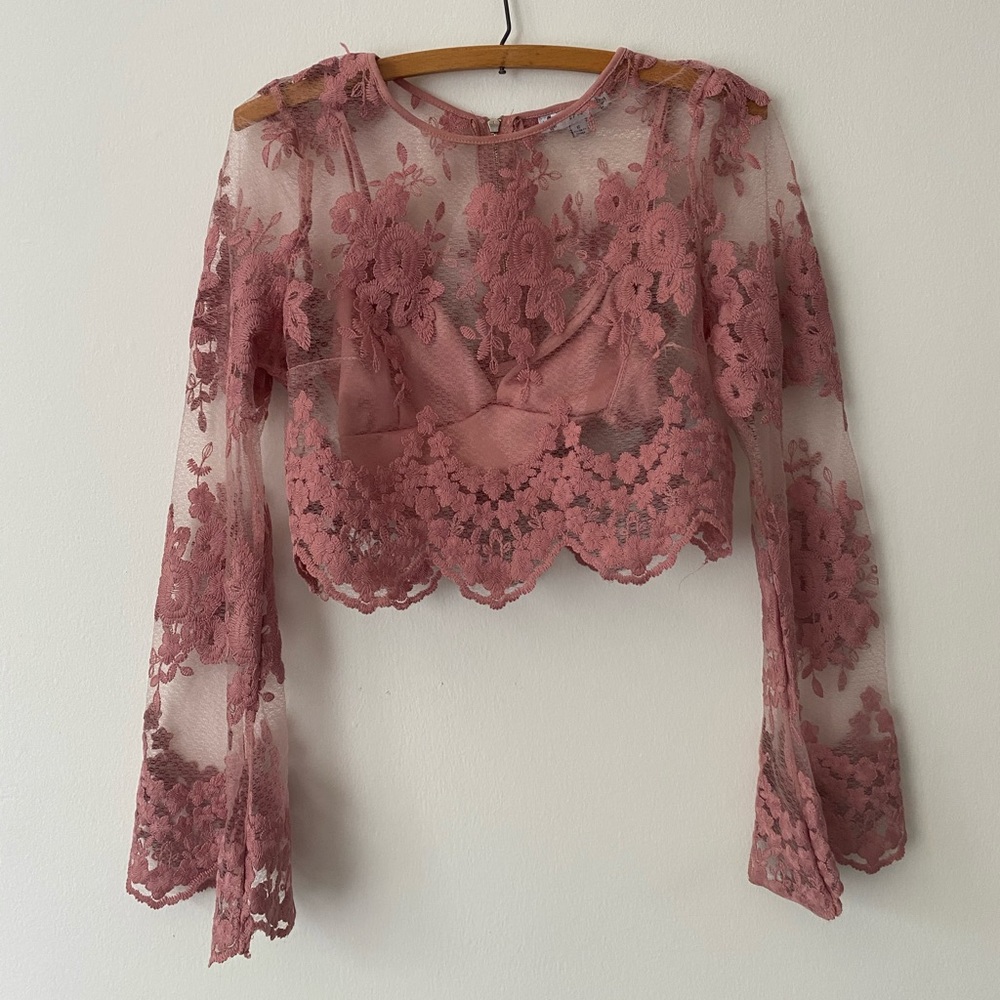 Blush Lace Long sleeve Blouse Top Small